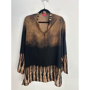 Gideon Oberson Leopard Print Button Down Tunic Blouse Black Brown Womens XL